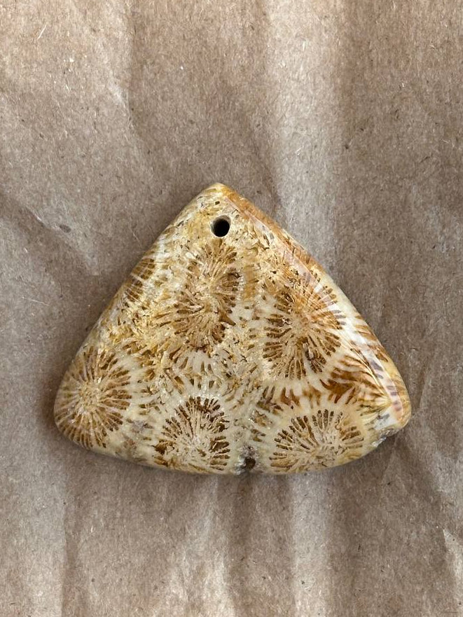 A triangular pendant with a coral-like pattern in beige and brown, featuring a small hole at the top, displayed on a textured brown paper background.
