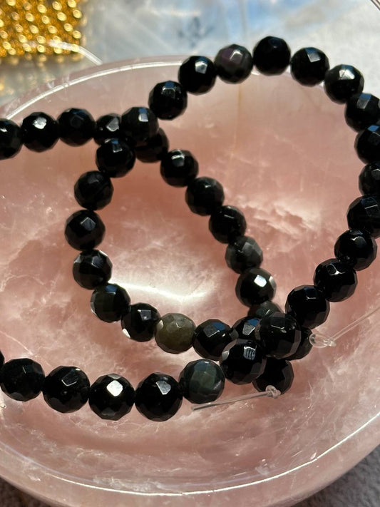 Black Agate Semi-Precious Stone Faceted Round Beads, 8 mm - 15.5 inch Strand