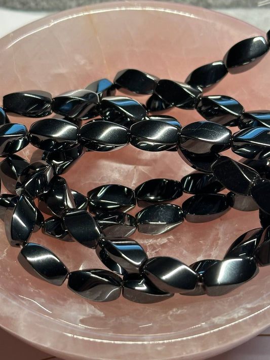 black twisted tube hematite beads