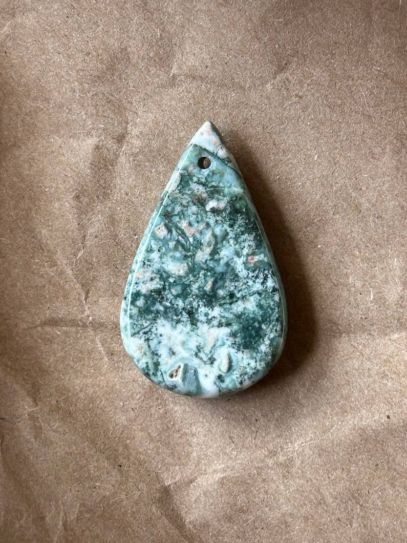 A smooth teardrop tree agate cabochon on brown paper background