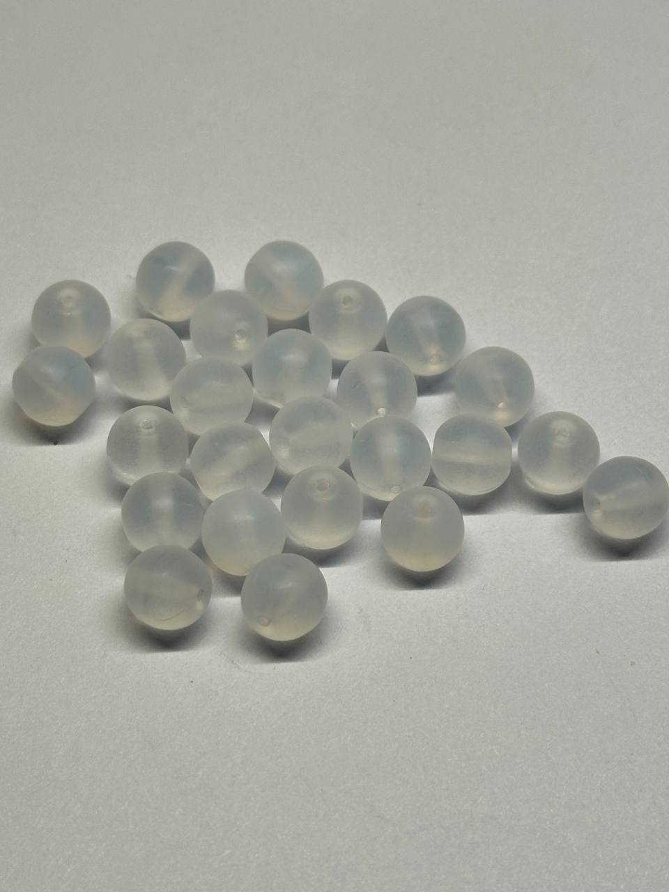Clear white beads on a gray background
