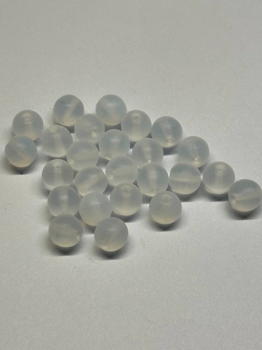 Clear white beads on a gray background