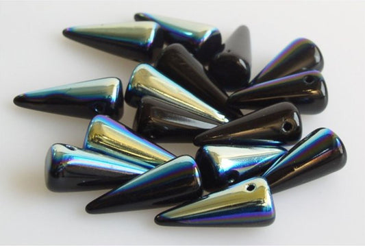 Spike / Thorn Beads, Jet Black AB, 7 x 17 mm Czech Glass - 10 Beads