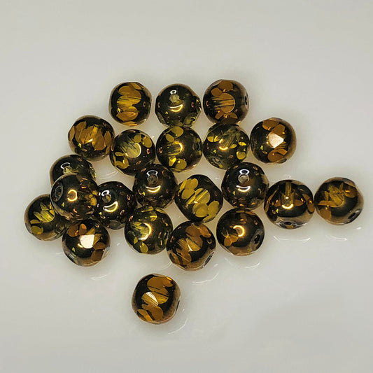 Amber Glass Bronze Metal Coated Window Cut Round Beads, 8 mm - 22 Beads