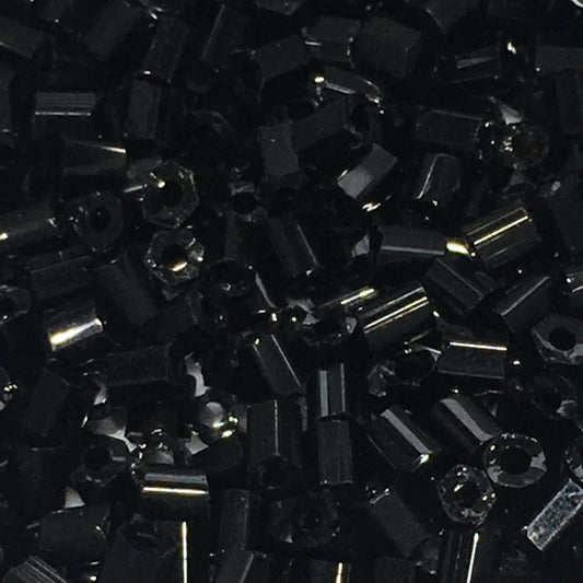 Czech 2-Cut  (Hex) Black/Jet Glass Bugle Beads, 2 mm -  5 gm