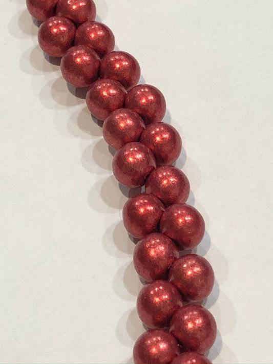 Top Hole 6 mm Satin Metallic Red Round Glass Beads - 25 Beads