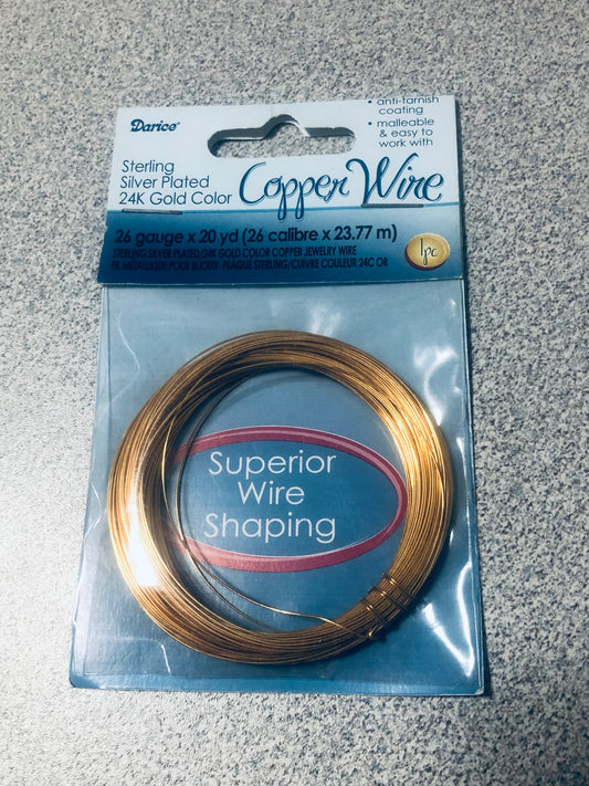 Darice "Copper Wire" Round 26-Gauge Sterling Silver Plated 24K Gold Color, Anti-Tarnish Coating, 20 yards, 3958-29