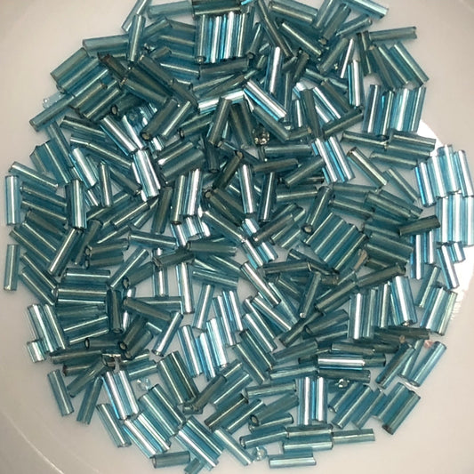 Silver Lined Light Turquoise Blue Bugle Beads, 0.25 inch / 6.35 mm - 5 gm