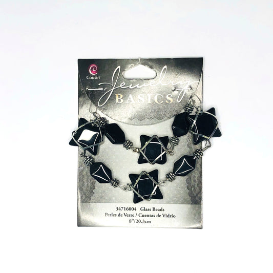 Cousin Jewelry Basics Black Glass Beads, Flat Silver Wire Wrapped with Antique Silver Bali Spacer Beads - 8 Inches