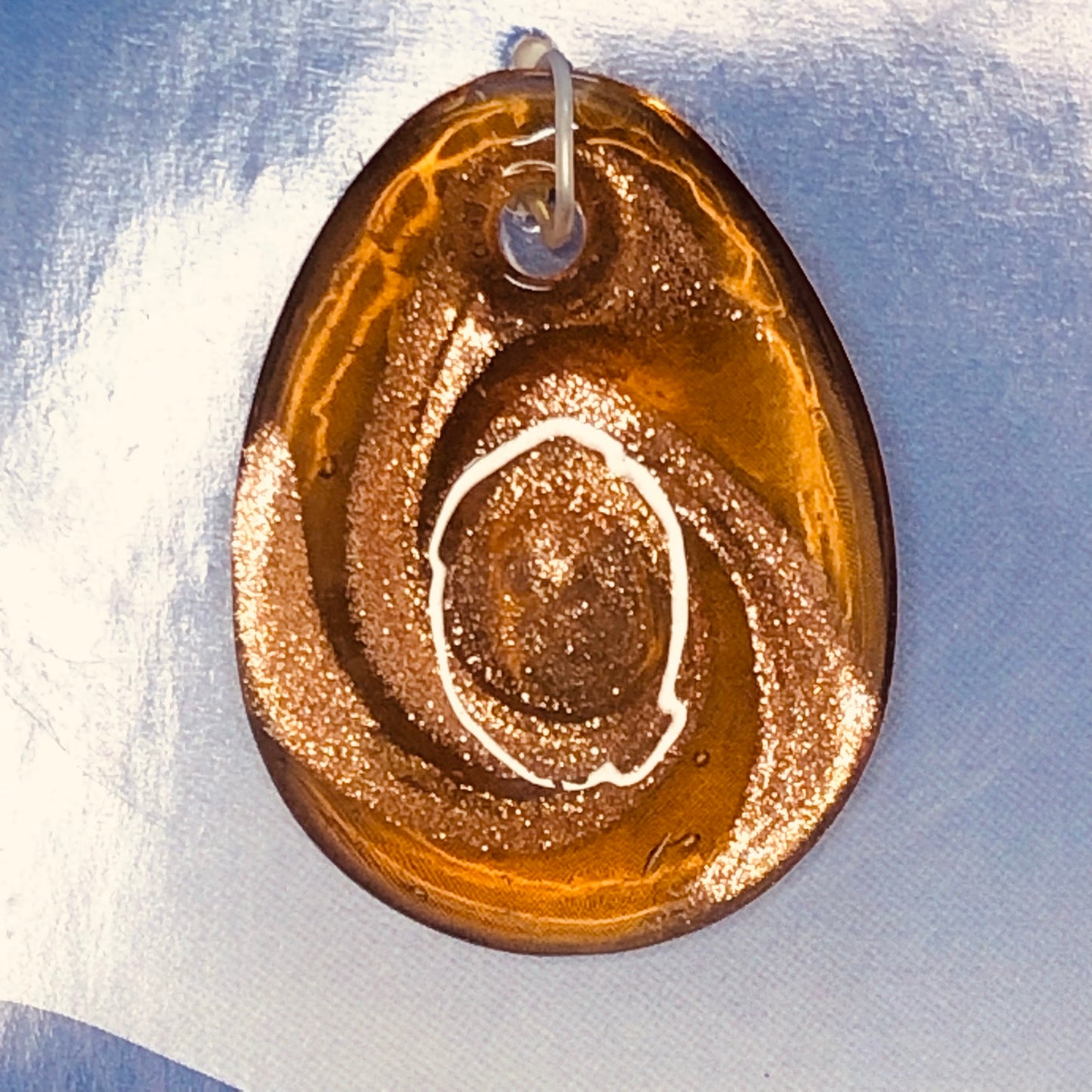 Blue Moon Dichroic Copper Swirl Amber Brown Domed Drop / Teardrop Glass Pendant, 45 x 33 x 10 mm