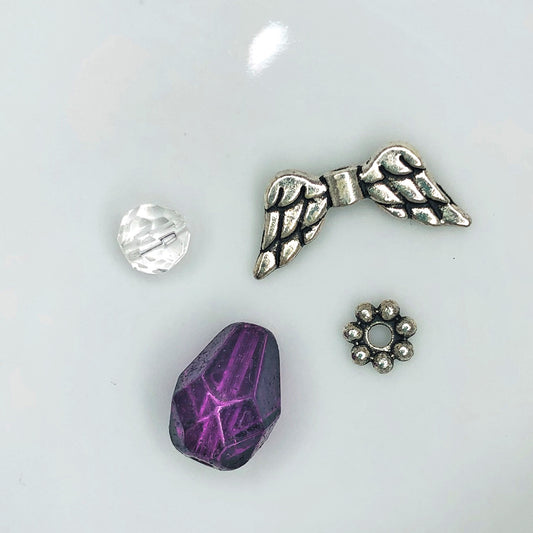 Angels Silver Wings and Amethyst / Purple Glass Beads (Good for Keyring/Bookmark/Earrings) - 1 Each of Wing  Sets, Clear Round Faceted, Faceted Teardrop Beads and Halo Metal Spacer