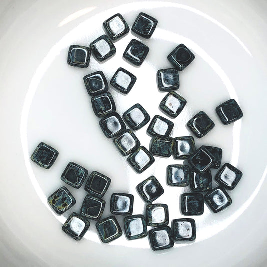 Preciosa Czech 23980-86805 Opaque Black Tortoise Glass Tile Beads, 6 mm, 2-Holes - 20 Beads