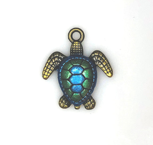 Hand-Painted Blue / Green Sea Turtle Antique Brass Plated Pendant / Charm, 28 x 24 mm