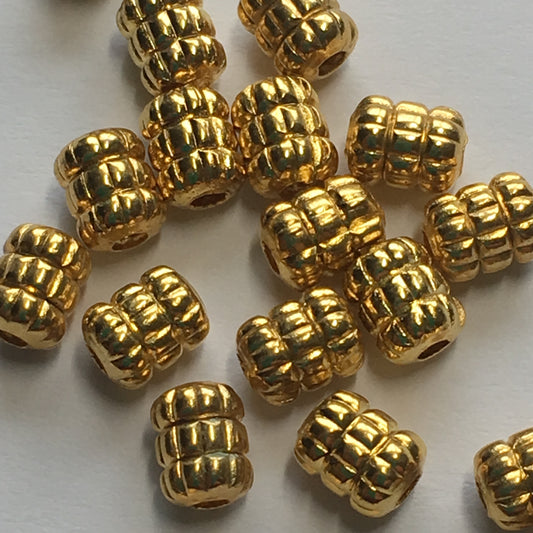 Gold Double Corrugated Barrel Beads, 5 x 4 mm - 21 Beads