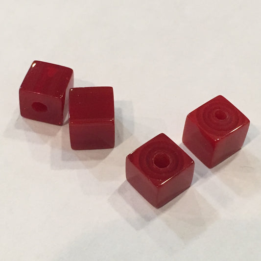 Red Glass Cube / Square Beads 7.75 x 8.25 mm, 4 Beads