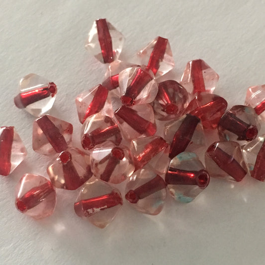 Clear Glass Red Lined Bicone Beads, 7 x 8.5 mm, 25 or 30 Beads