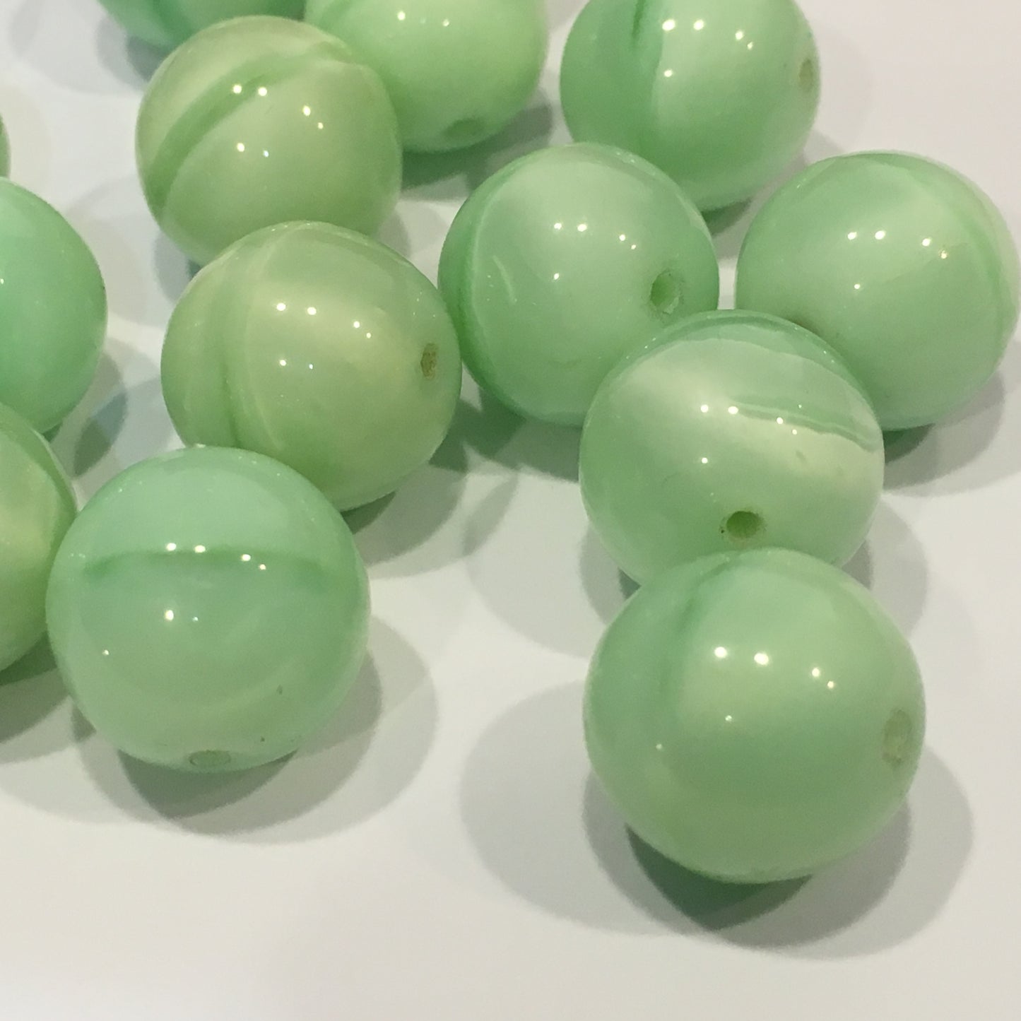 Green Banded Round Glass Beads,  14 mm , 15 Beads