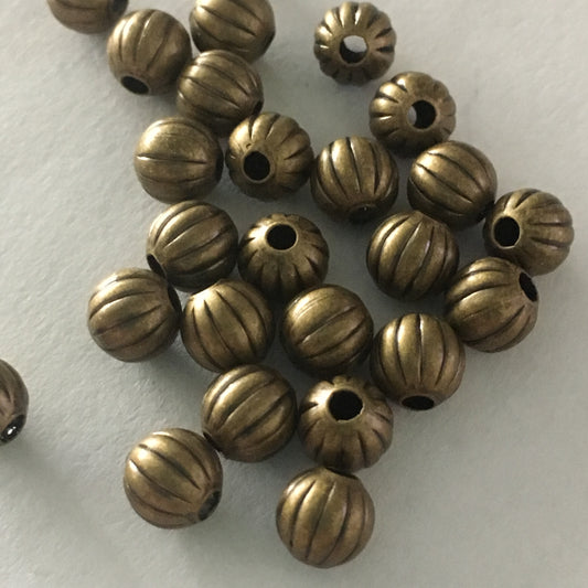 Antique Brass Corrugated Round Beads, 6 mm - 25 Beads