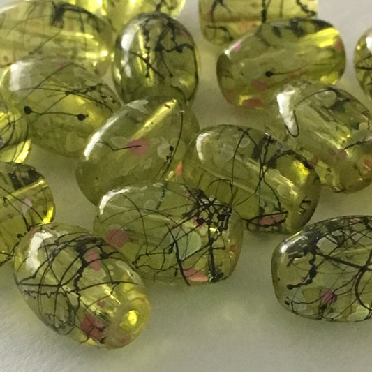 Transparent Lime Green with Black Drizzle Barrel Glass Beads, 11 x 8 mm, 34 Beads