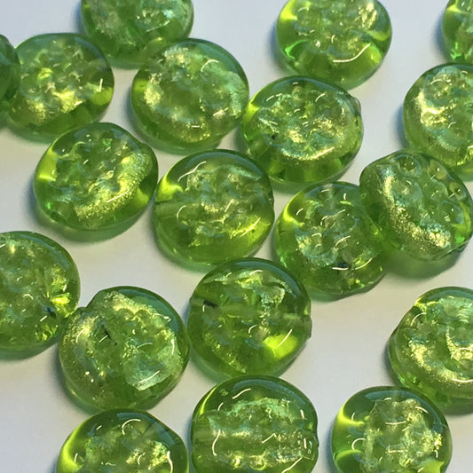 Green Dichroic Dimpled Lampwork Glass Coin Beads 11 x 4 mm  - 21 Beads