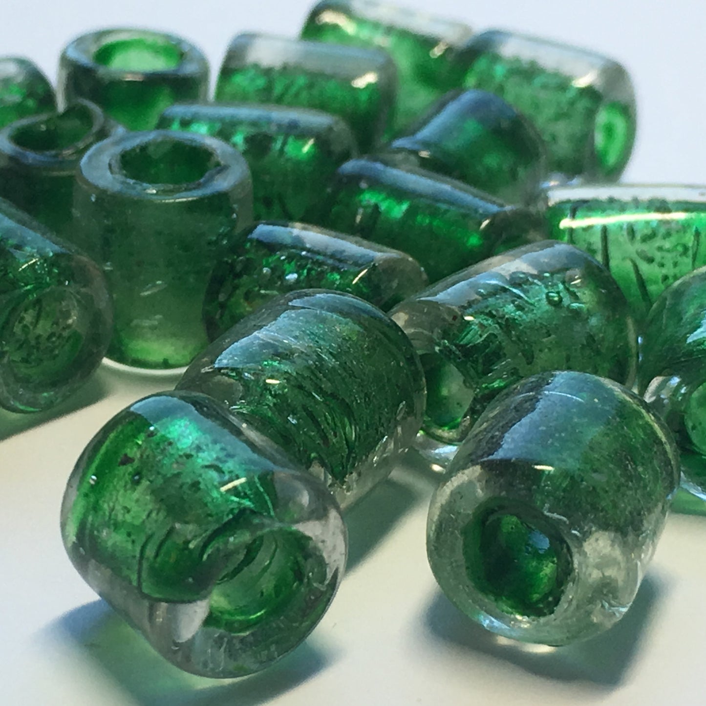Clear Glass Green Color Lined Lampwork Roller Beads, Average 9 x 7.5 mm - 23 Beads
