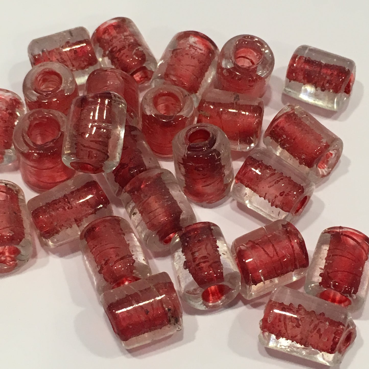 Clear Glass Red Lined Lampwork Glass Roller Beads, Avg 10 x 8 mm - 25 Beads