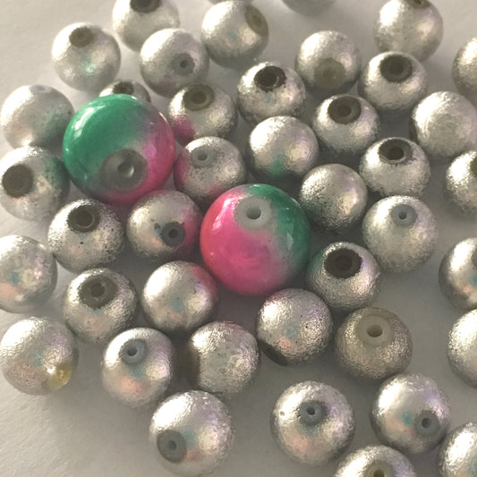 Silver Stardust and Pink/Green Round Glass Beads, 8 mm and 12 mm, 43 Beads
