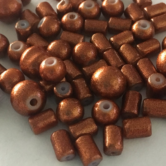 Metallic Copper Painted Glass Beads, Various Shapes and Sizes, 109 Beads