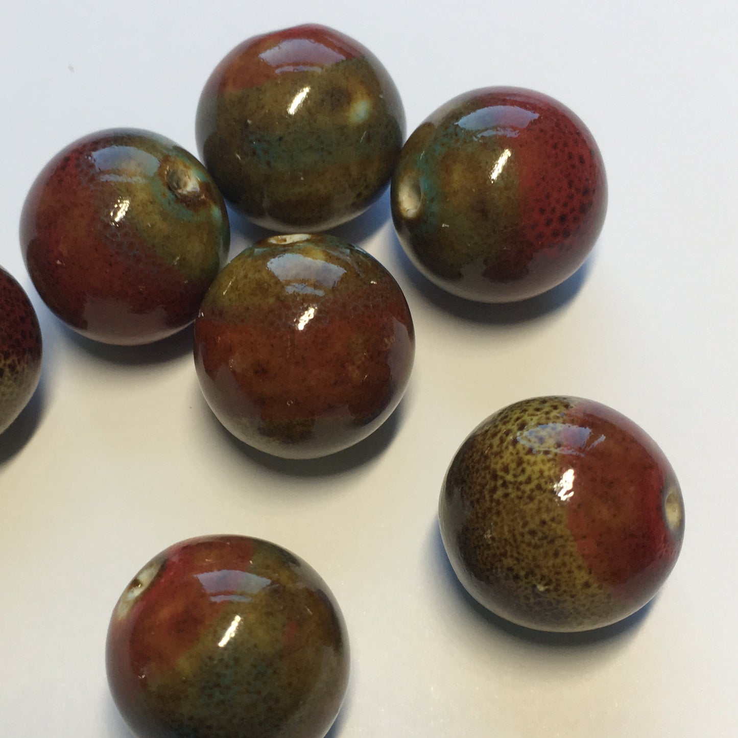 Brown, Green and Wine Ceramic Round Beads, 18 mm  - 7 Beads