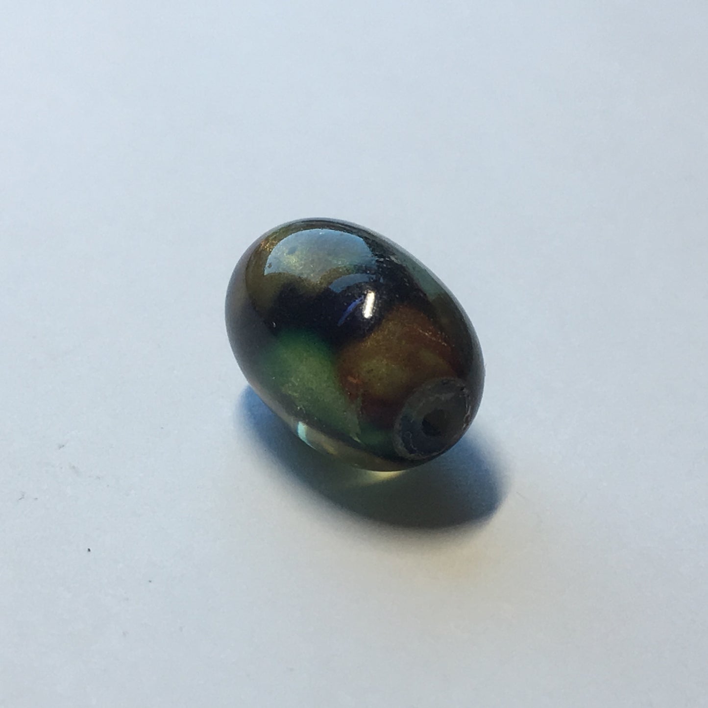Green, Silver, Brown, Clear Lampwork Glass Oval Focal Bead, 16.5 x 10.75 mm