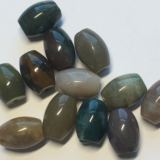 Green, White, Brown Stone Barrel Beads 14 x 10 mm, 13 Beads