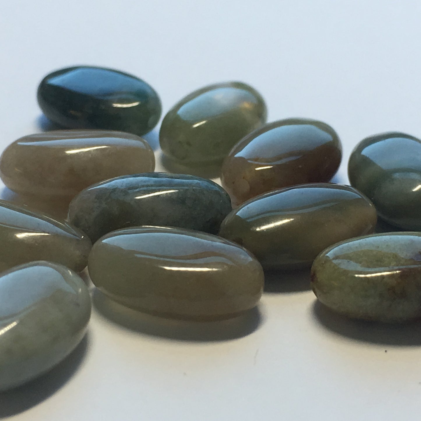 Green and Brown Stone Oval Flat Beads 12 x 8 x 5 mm, 16 Beads