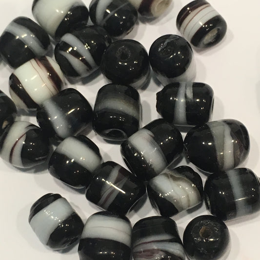 Black and White Lampwork Glass Roller Beads, 6-7 mm - 30 Beads