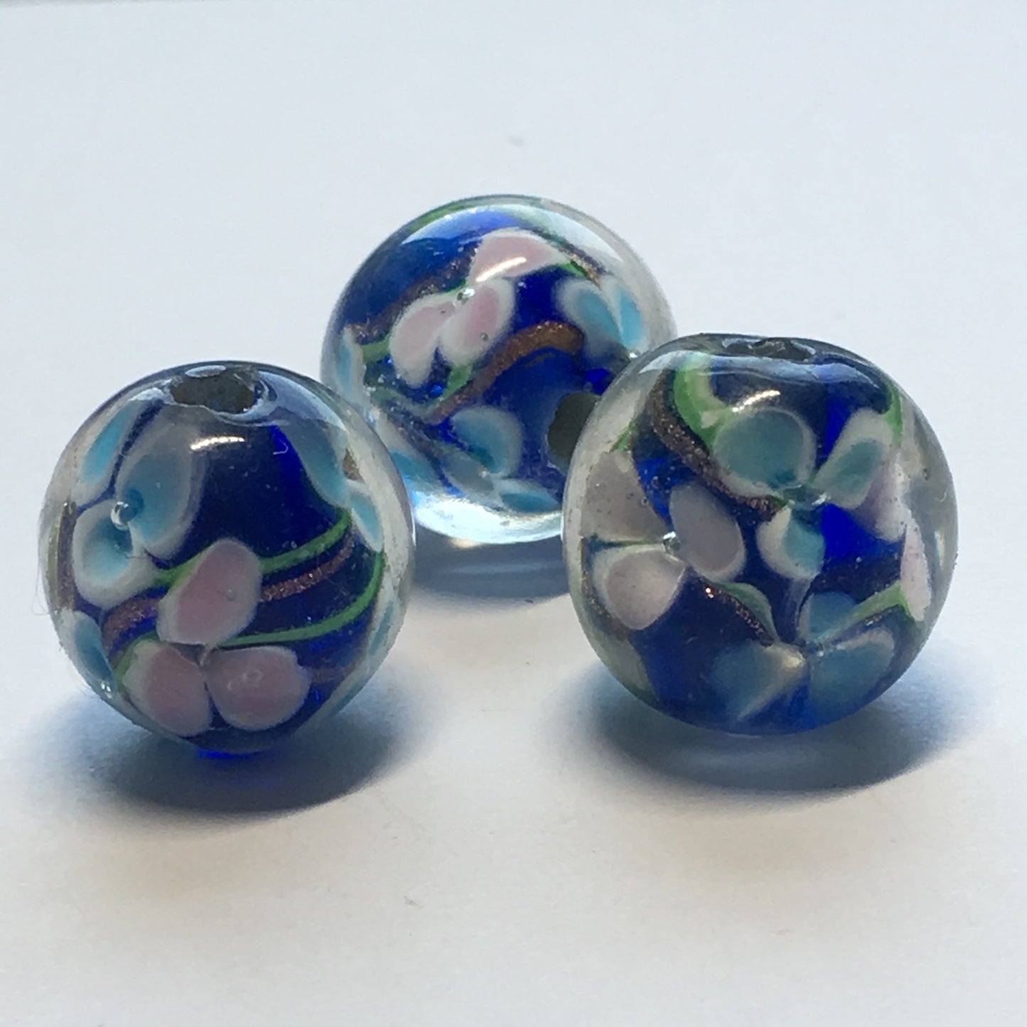 Clear with Pink Flowers on Blue Glass Core Lampwork Round Beads, 14 mm - 3 Beads