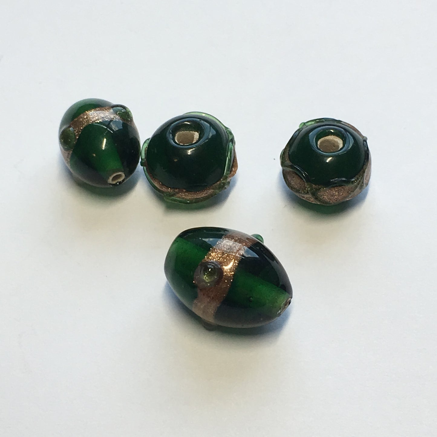 Green Glass Lampwork Beads, 12.5 x 10 mm Oval (2) and 9.5 x 12 mm Round (2)