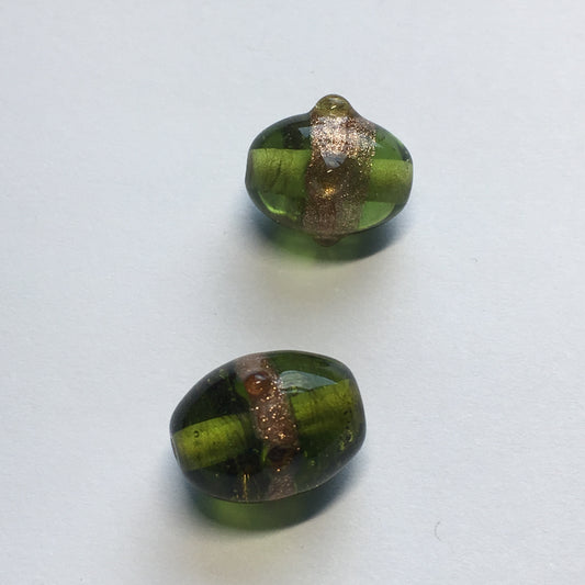 Transparent Green Glass Lampwork Oval Beads, 13.5 x 10 and 14.5 x 11 mm - 2 Beads