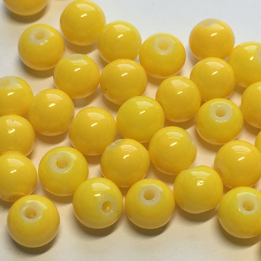 Yellow Painted White Round Glass Beads 6 mm,  26 Beads