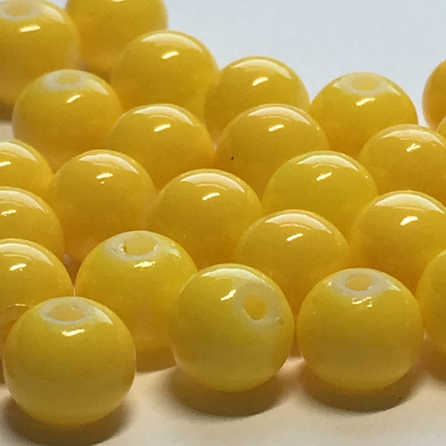 Yellow Painted White Round Glass Beads 6 mm,  26 Beads