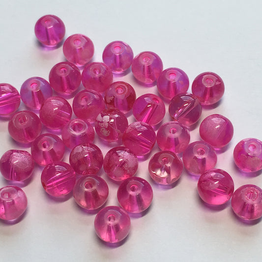 Transparent Pink with White Round Glass Beads, 6 mm - 36 Beads