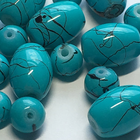 Turquoise Glass Beads, 11 x 8 mm Barrels (12) and 6 mm Rounds (46)
