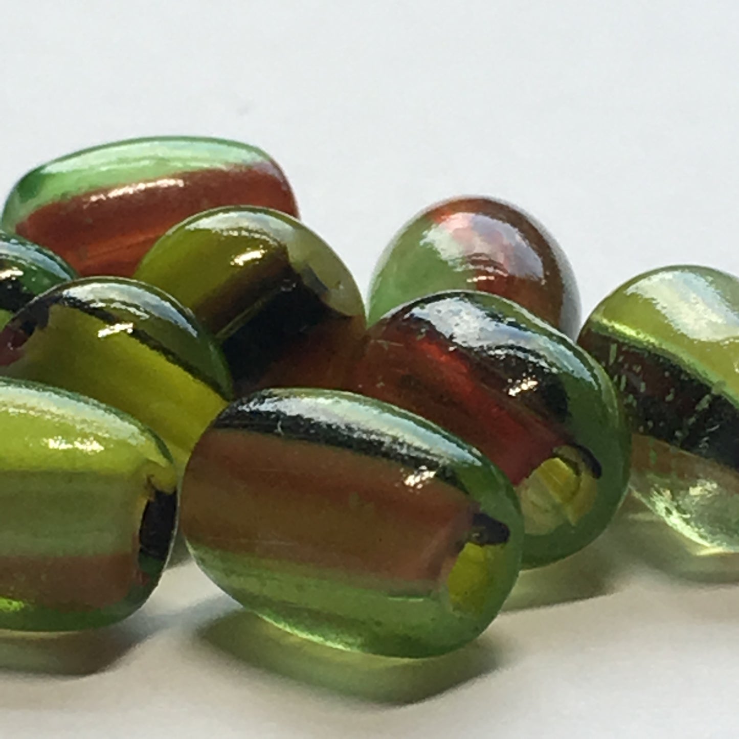 Green, Brown and Black Barrel and Round Glass Beads 8-10 mm, 10 Beads