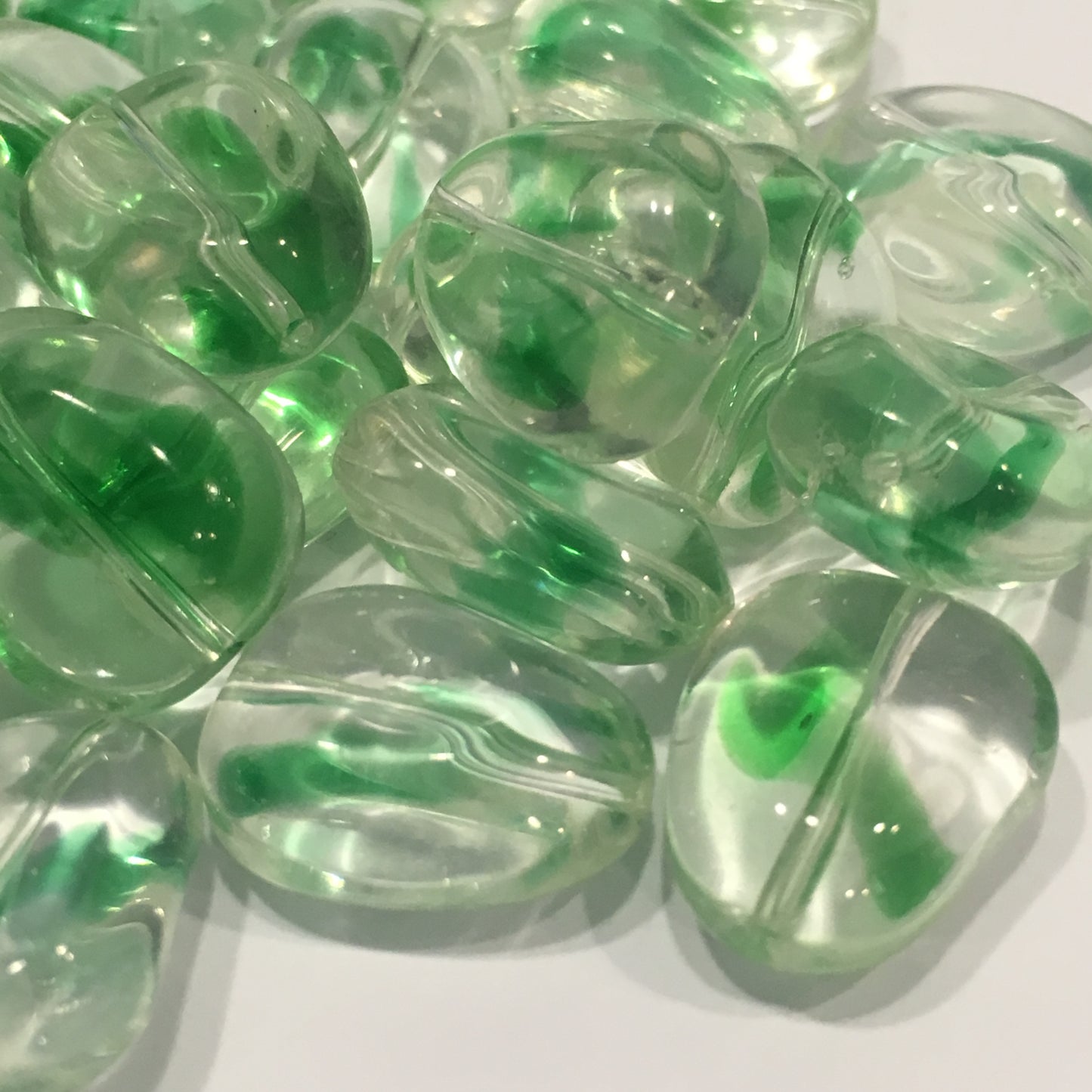 Clear Glass With Green Swirl Kernel Beads, 15 x 12 x 7 mm - 17 Beads