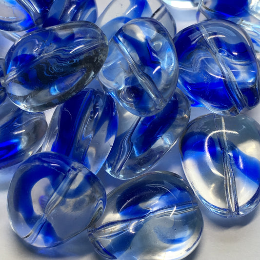 Clear Glass With Blue Swirl Kernel Beads, 15 x 12 x 7 mm - 23 Beads
