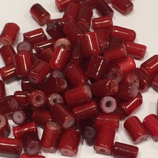 Red Painted Glass Tube Beads, Average Size 8 x 5 mm, 93 Beads