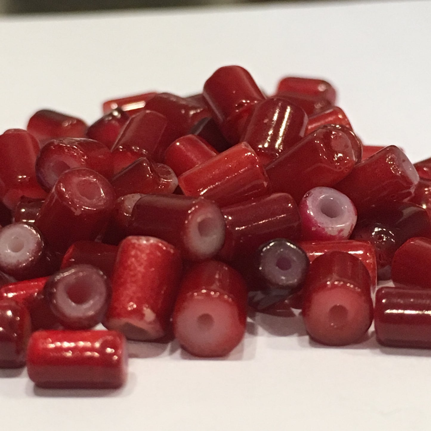 Red Painted Glass Tube Beads, Average Size 8 x 5 mm, 93 Beads