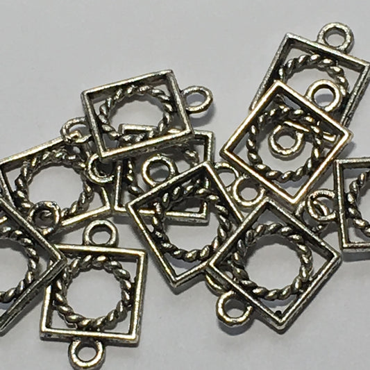 Antique Silver Square with Rope Circle Inside Links, 15 x 8 mm - 10 Links