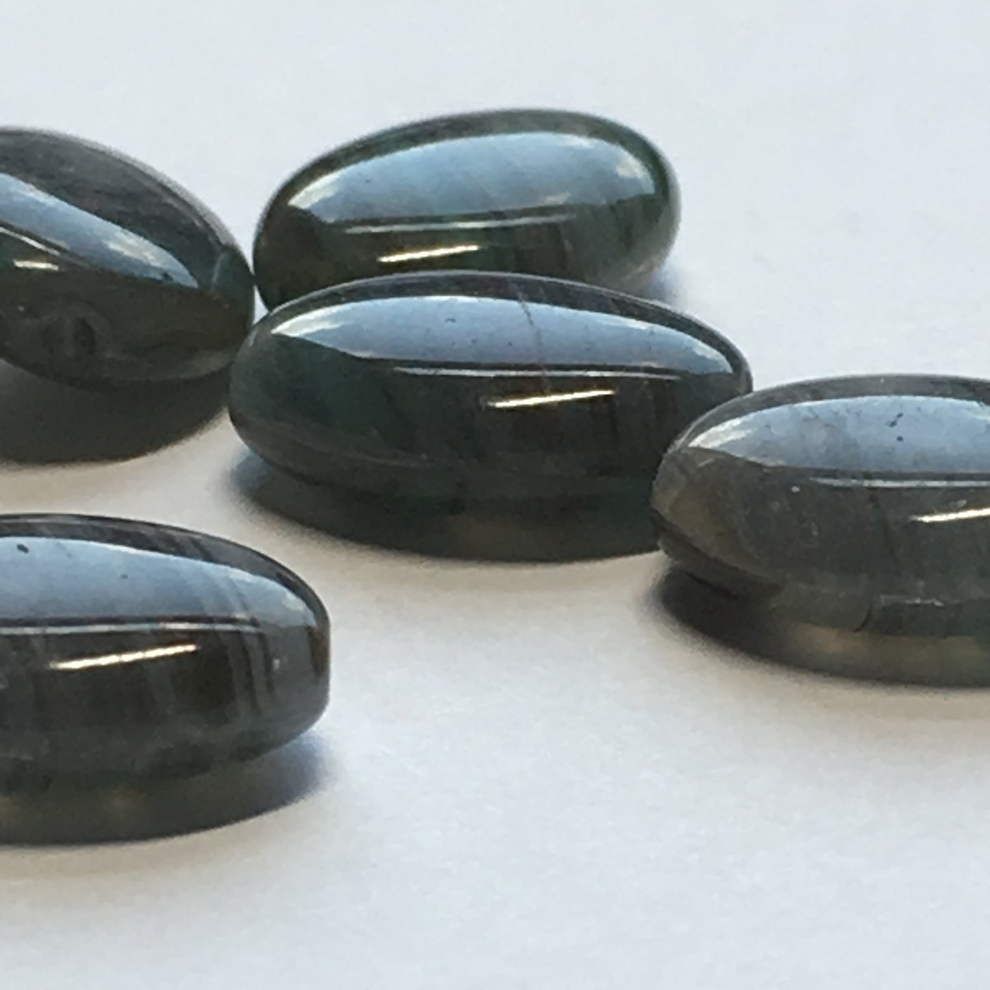 Gray, Green and Black Striped Oval Flat Glass Beads, 12 x 9 x 4 mm, 6 Beads