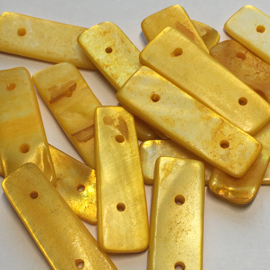 Yellow Dyed Shell Flat Rectangle Beads, Two-Strand, Front Drilled, 26-27 x 8-10 mm Average Size, 16 or 20 Beads