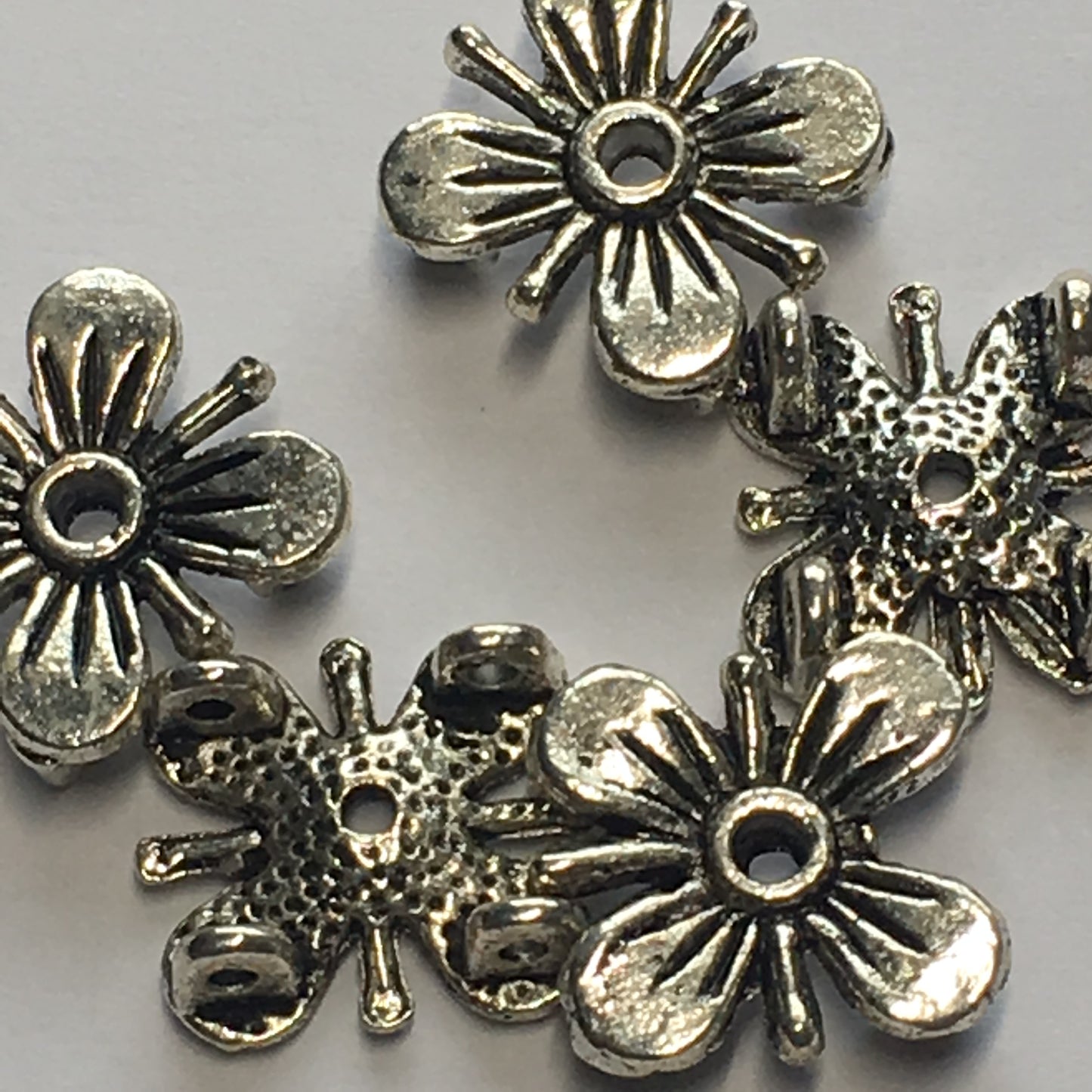 Antique Silver Square Flower 2-Hole Slider Beads, 12 x 12 x 5 mm - 5 Beads