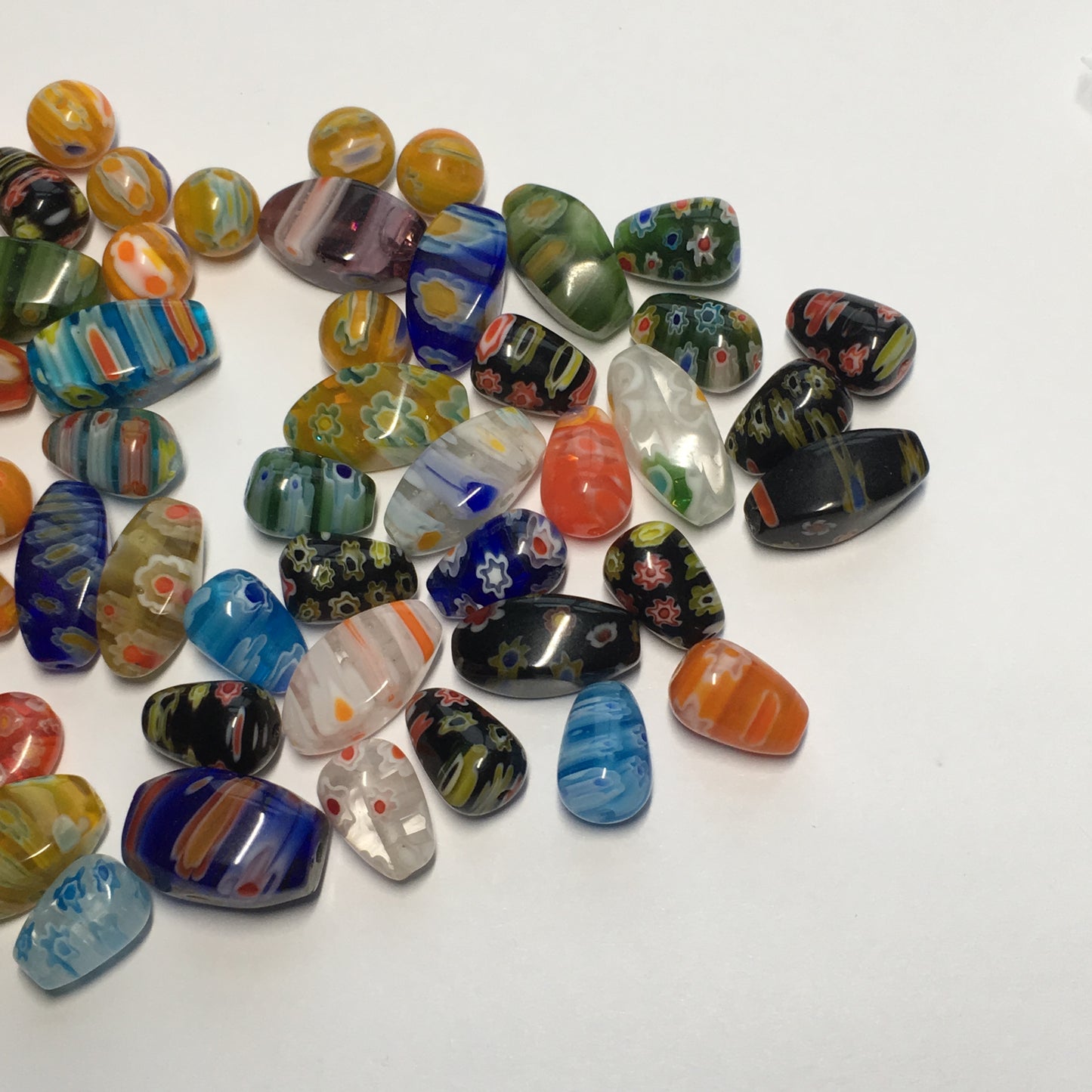 Multi-Color Millefiori Teardrop, Twist, and Round Glass Beads,  62 Beads